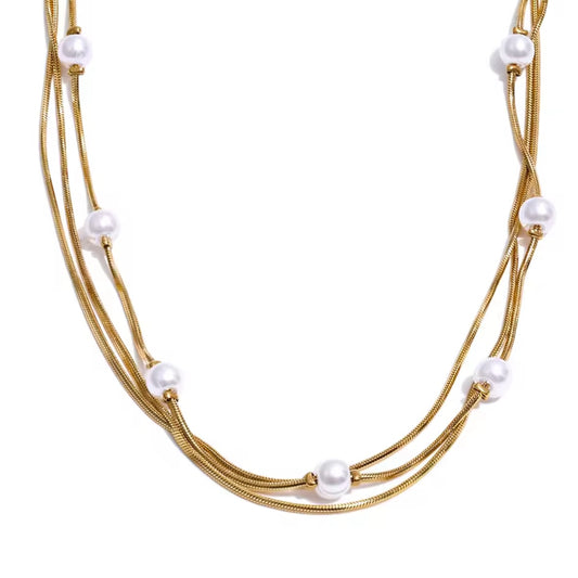 Gold Luna Layers – Triple Strand Pearl Necklace